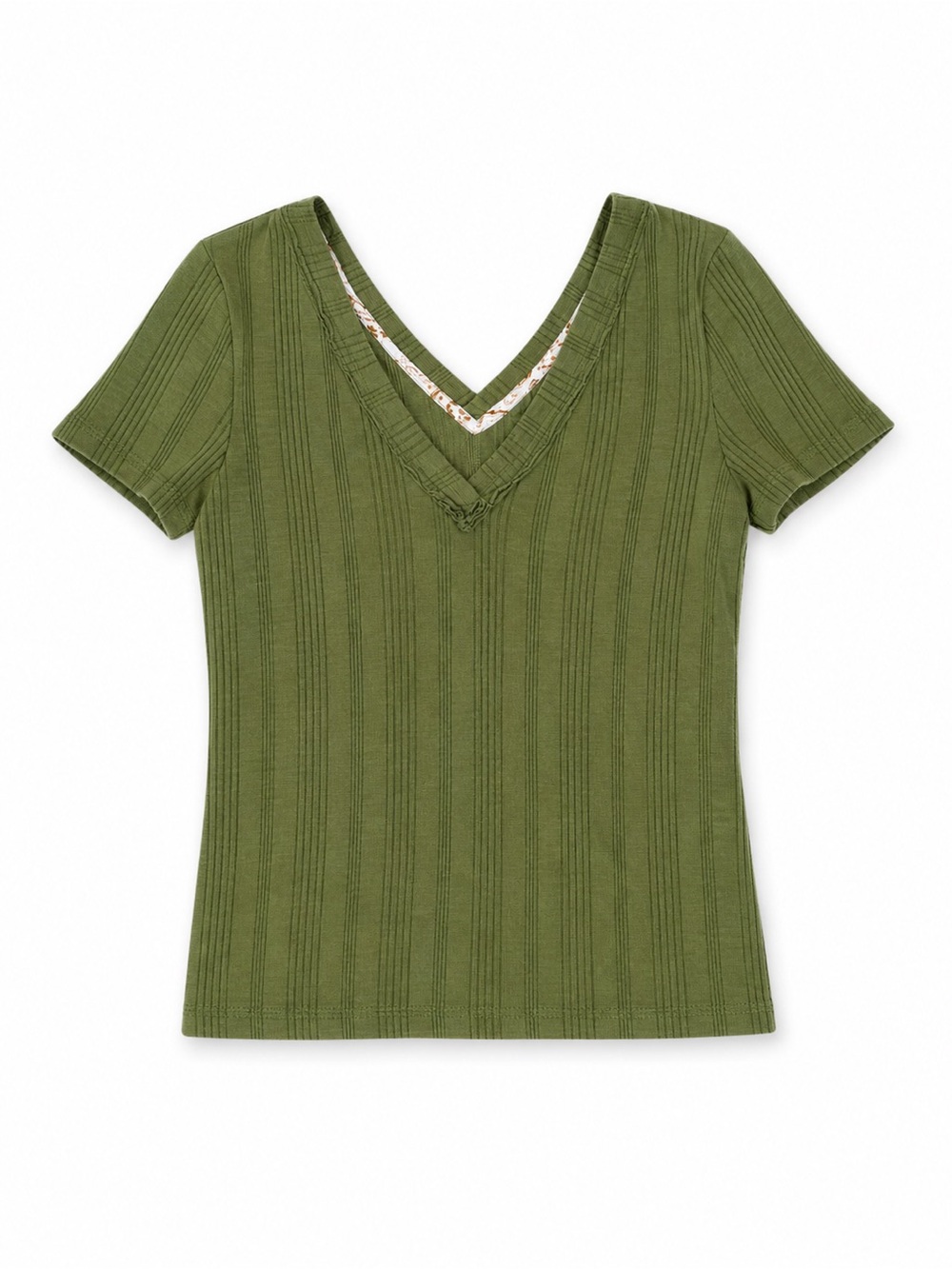 Pilcro Olive Green Ribbed V-Neck Short Sleeve Tee